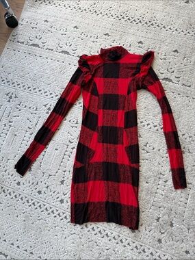 Red & Black Plaid Long-Sleeve Ruffle-Shoulder Dress
